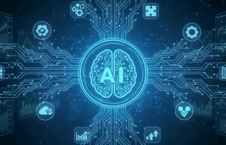Futuristic UI showing AI network and charts