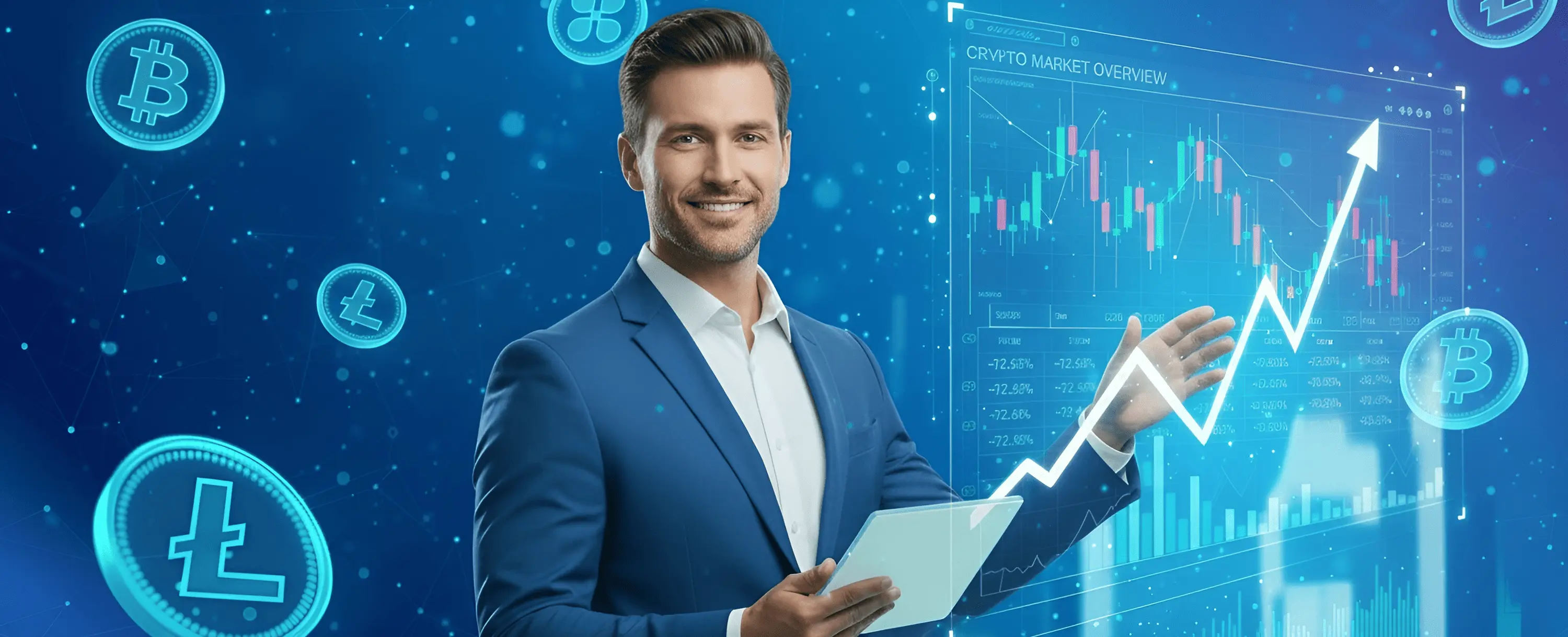 Smiling trader presenting an upward crypto chart