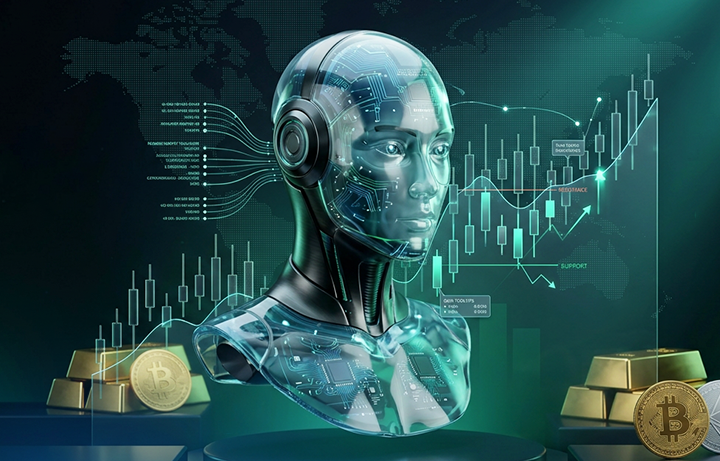 Futuristic UI showing AI network and charts