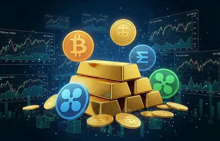 Digital coins and bar chart visualization